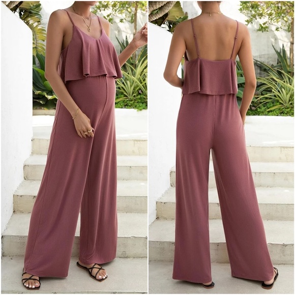 Maternity Ribbed Ruffle Wide leg Jumper Jumpsuit - Picture 2 of 3